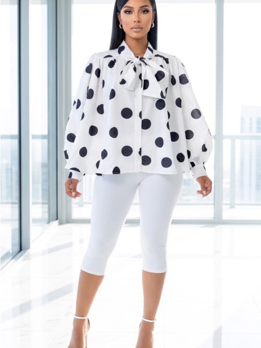 Polka Dot Bow-Tie Blouse - White with Black Dots